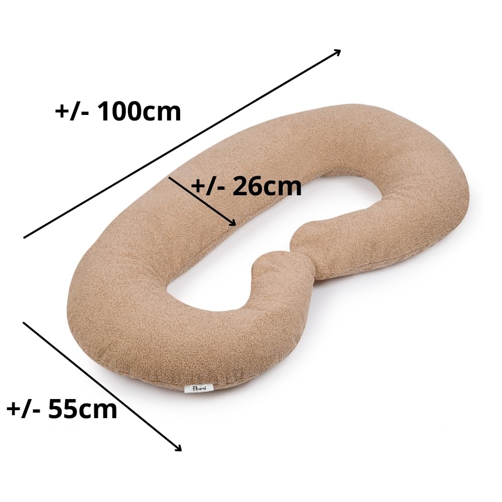 Flumi Schwangerschaftskissen C-Form – Ganzkörper-Stillkissen mit abnehmbarem Bezug, Stützkissen für Schwangere (C - Dunkelbeige Teddy)