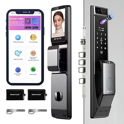 Golens X12 Smart Camera Door Lock | Fingerprint | Pincode | RFID Card | Mobile App | Mechanical Key | OTP Access Automatic Lock Keyless Entry Digital Lock (2 Year Warranty)