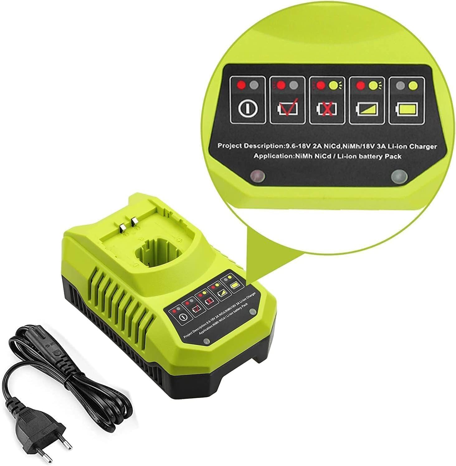 2X 18V 5,5Ah (con Cargador) Batería de Repuesto para Ryobi + Cargador 9,6V-18V 3A para Ryobi P106 P107 P108 P100 P102 P103 P105 Self-LED (Verde)