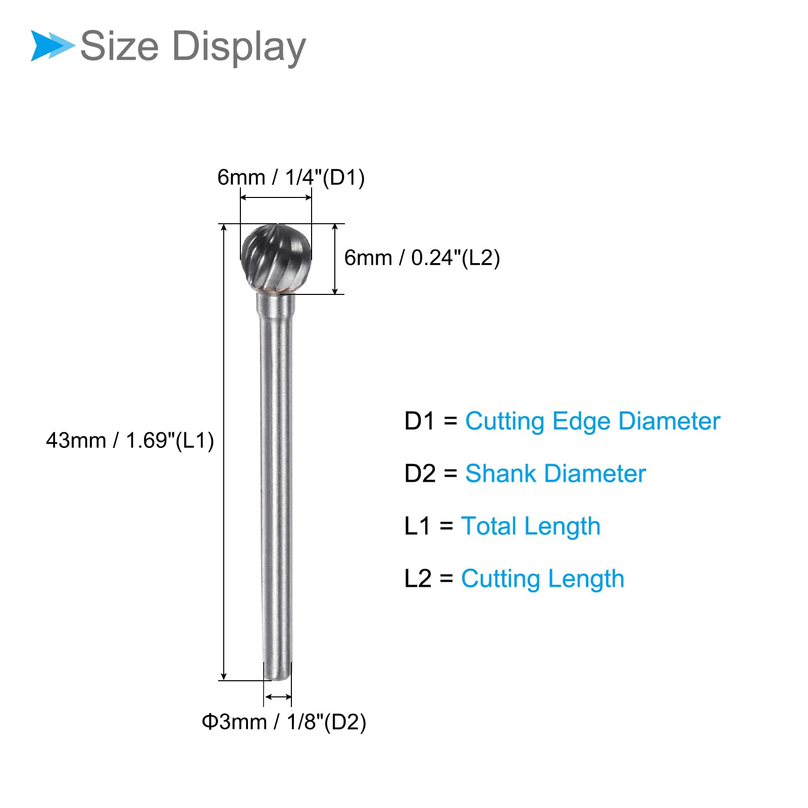 CoCud Tungsten Carbide Rotary Burrs File, 1/8" Shank 6mm Dia, Single Cut D-Shape Rotary Burrs Tool - Image 2