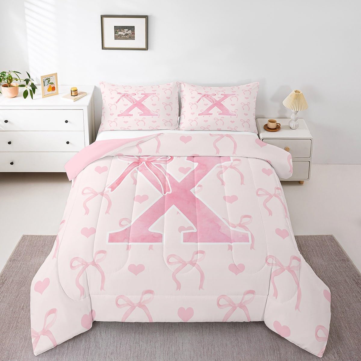 Erosebridal Pink Bowknot Bedding Set Toddler Size for Women Teen Girls Watercolor Letter X Comforter Set Butterfly Bowknot Duvet Quilt Warm Girly Fairy Room Decor Cartoon Love Hearts Comforter