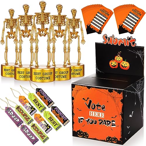 Sratte 56 Pcs Halloween Party Supplies Include Halloween Contest Ballot Box, 5 Gold Trophies, 40 Voting Cards and 10 Award Prize Cards for Game Favor Fun Decor(Skull)