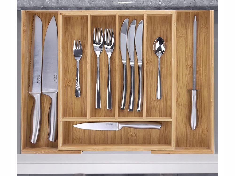 Organizer in BAMBU' Cassetti Posate, 7 Scomparti, Estensibile Fino a 39x37 Cm, Organizzatore Vassoio Cassetto Espandibile Utensili, Posate Utensili Ordine in Cucina, Coltelli Forchette Cucchiai,