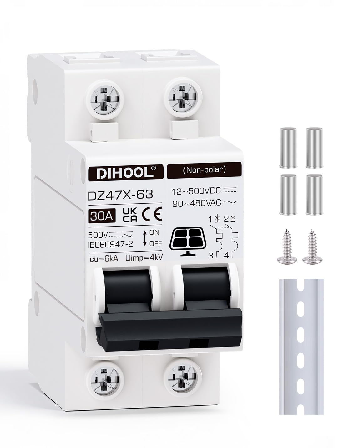 DIHOOL Solar Disconnect Switch, 30 Amp 2 Pole, DIN Rail Mount, Non Polarized, 12V 24V 48V 400V, AC/DC Circuit Breaker, RV Battery Isolator, PV Array MCB, Thermal Magnetic Trip