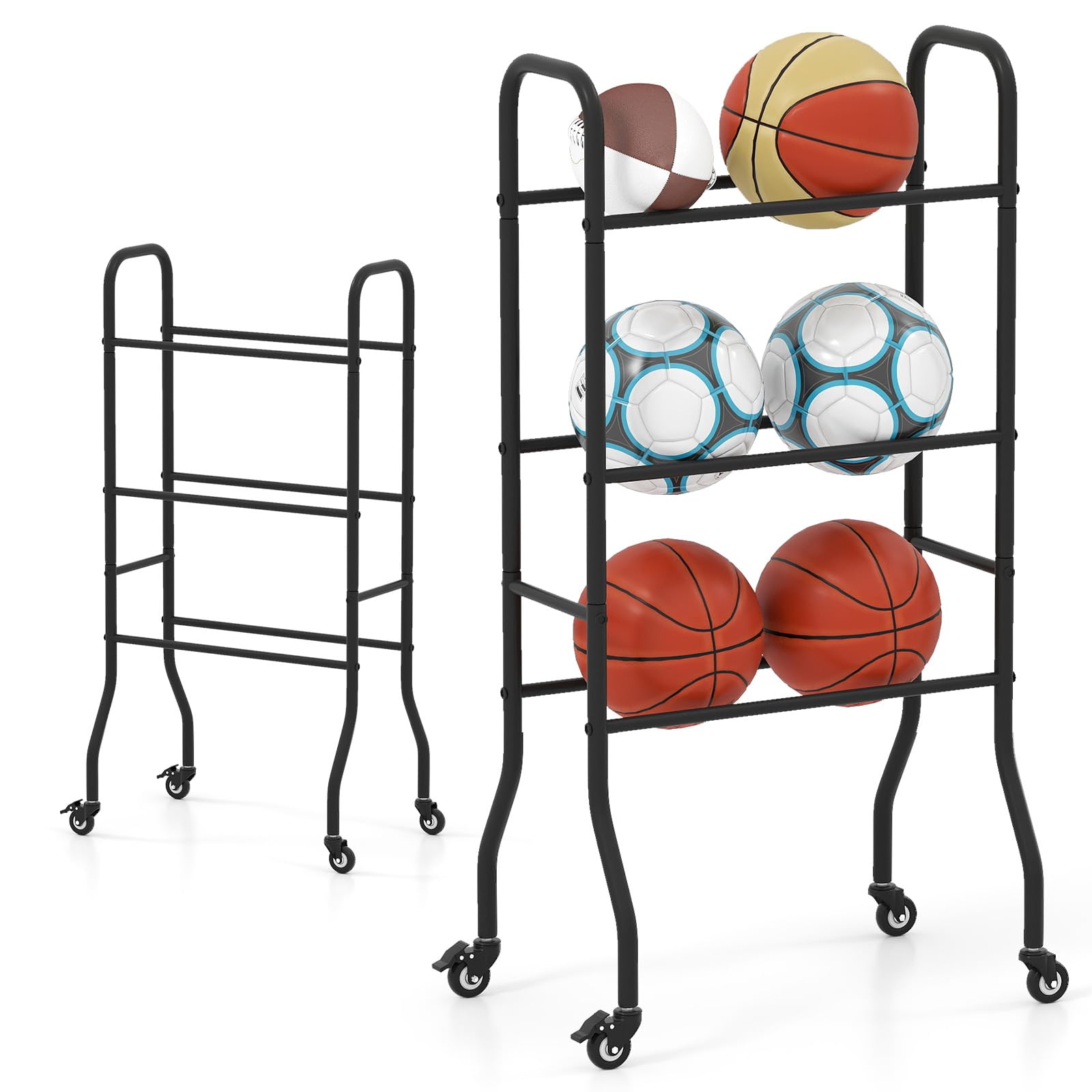 LIFEZEAL Soporte para balones de baloncesto, fútbol, voleibol, baloncesto, con ruedas, estante de 3 niveles para herramientas deportivas, estante de almacenamiento, soporte para gimnasio, casa, garaje