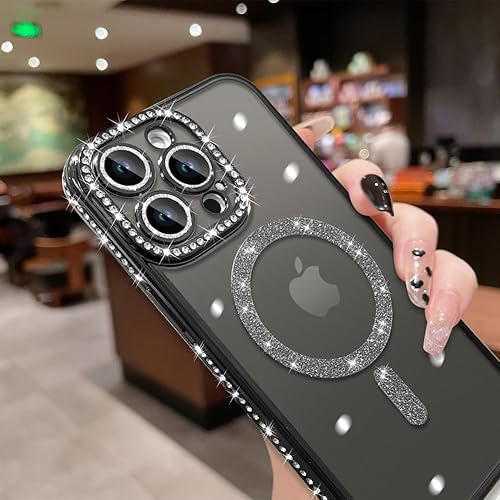 Miniatura 4 de MZELQ Compatible con iPhone 14 Pro Max - Carcasa magnética galvanizada soporte para Magsafe Cubierta de lente de cámara con diamantes brillantes
