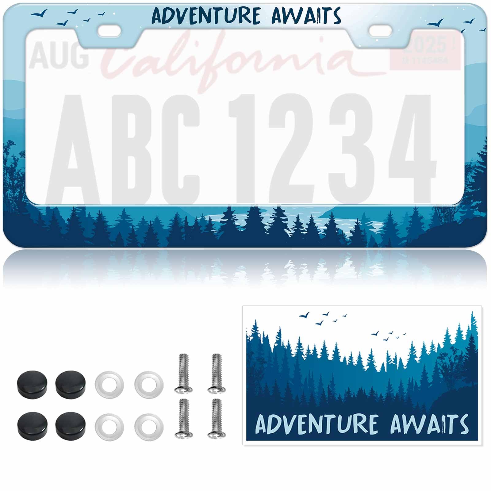 Photo 1 of 1pcs Blue Mountain Adventure Awaits License Plate Frame for Women, Nature Forest Mountain River Landscape car tag Frames Girly for Vehicle with Non Adhesive Electrostatic Sticker