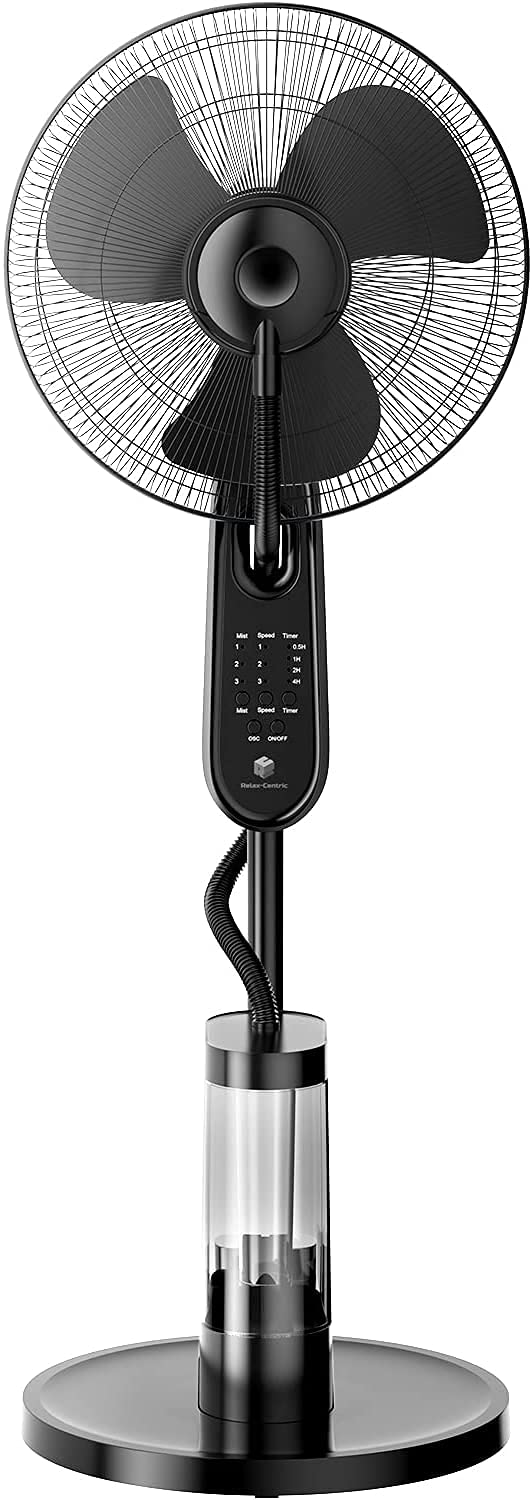 Relax centric HydroBreeze Standing Oscillating Misting Fan Oscillating Cooling Pedestal Fan with Remote Control, Up Fan 7.5 Hour Timer, 3-Speed and 3.38 Quart Water Tank, 16-inch AC Motor, Black