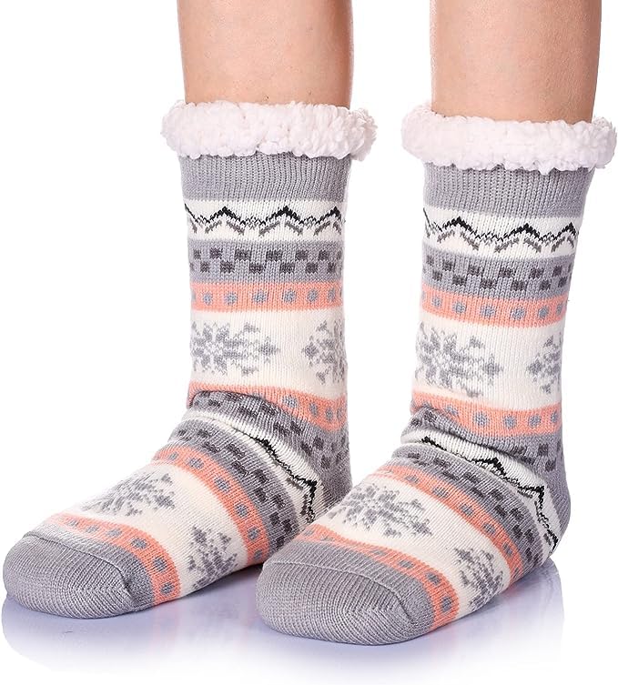 Starvis Fluffy Thermal Sherpa Slipper Socks, Ultra Soft Christmas Winter Non Skid Snowflake Fleece white soft terry fur Lining Knit Thick thermal Warm Christmas (Assorted Mix design) (Pack of 1) 1