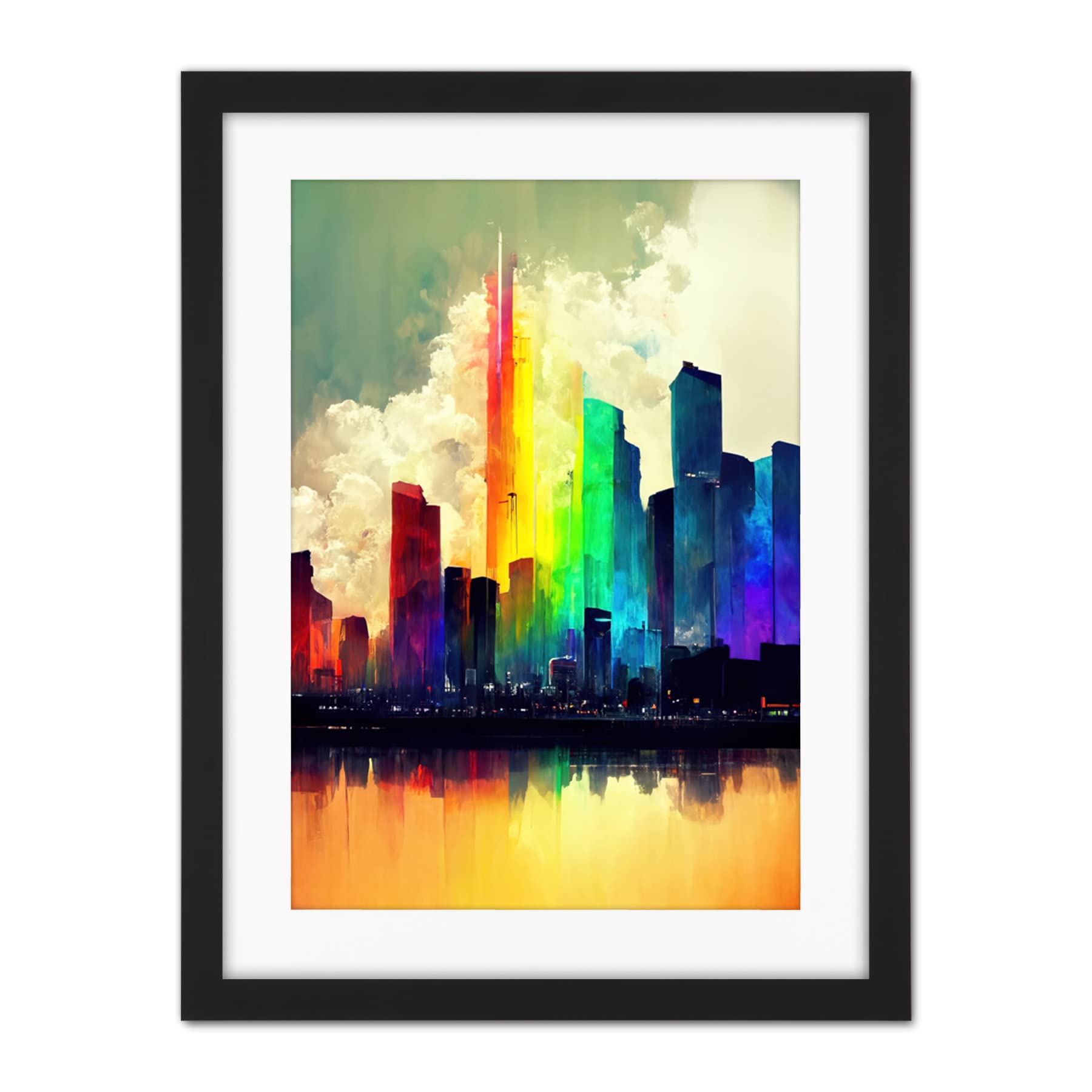 Doppelganger33 LTD Glass City of Rainbow Reflections Cityscape Artwork Framed Wall Art Print 18X24 inch