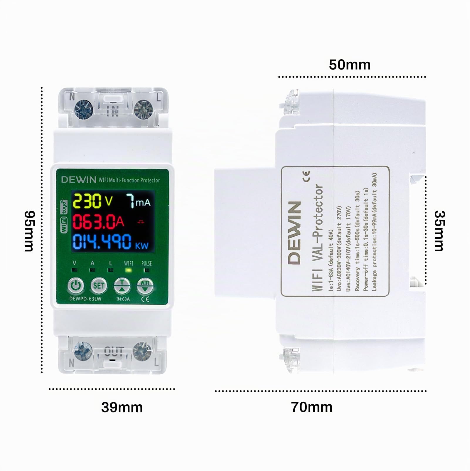 WiFi Compteur Electrique Monophasé, AC140-300V 63A Compteur d'énergie Tuya Smart Meter Wattmetre 1 Phasé Compteur d'électrique LED KWh Voltmètre Ampèremètre Modulaire avec Protection Multiple