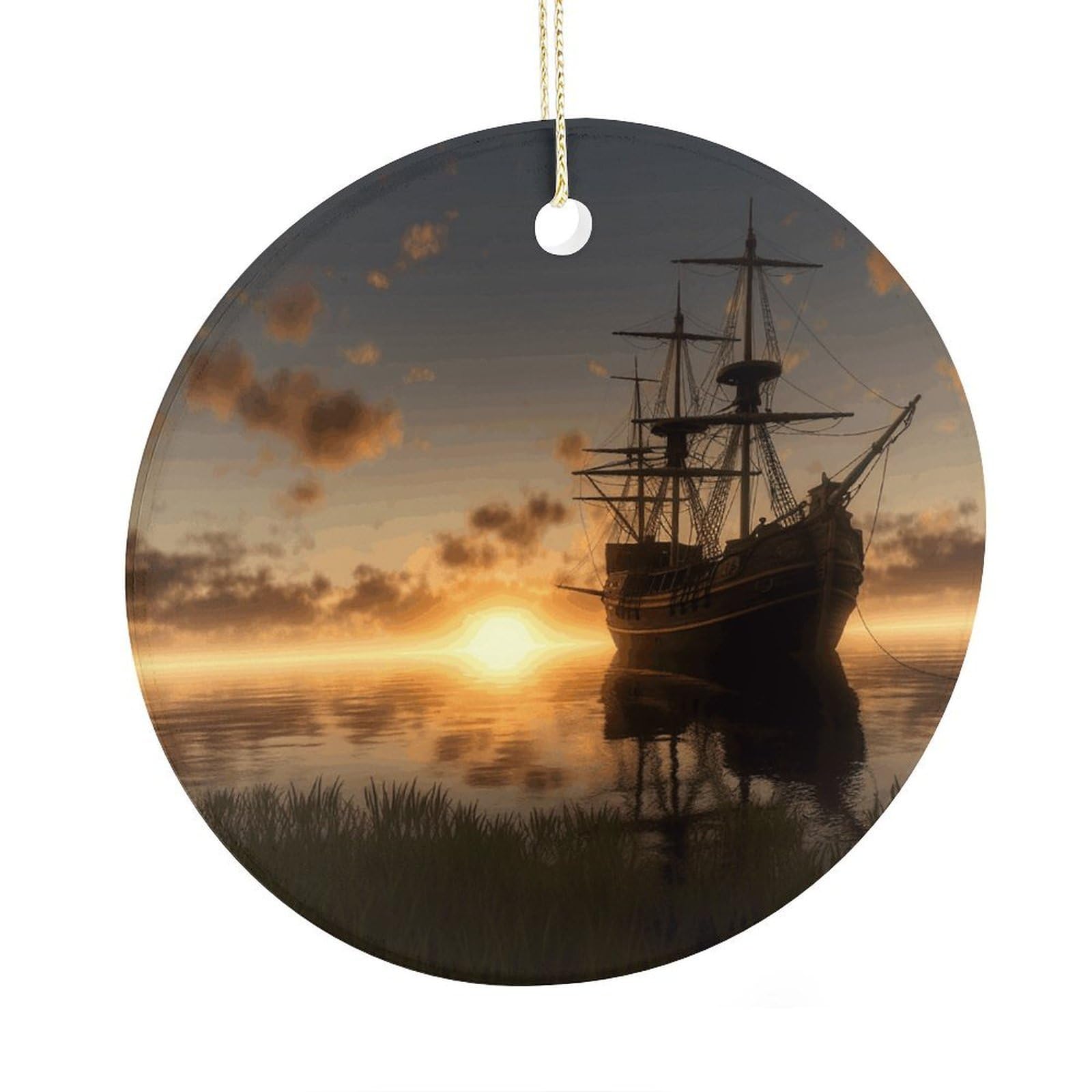 Adfgyerh Style Ship In The Lake Sunset Ceramic Circular Pendant,2.9 Inch，Hanging Ornament，Gift Exchange Idea Round Ceramic Ornament,For Mom And Daughter，For Home Indoor Outdoor Decor.