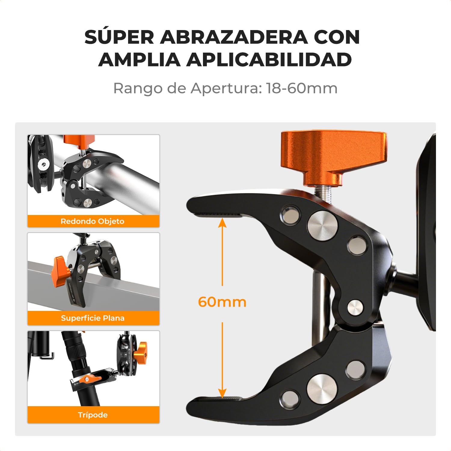 K&F CONCEPT Brazo Mágico con Súper Abrazadera，Magic Arm con Super Clamp Pinza y Cabeza Esférica de 360° Compatible con Cámara/Estabilizador/Teléfono Móvil/GO Pro/dji Action, Carga Máxima:3KG