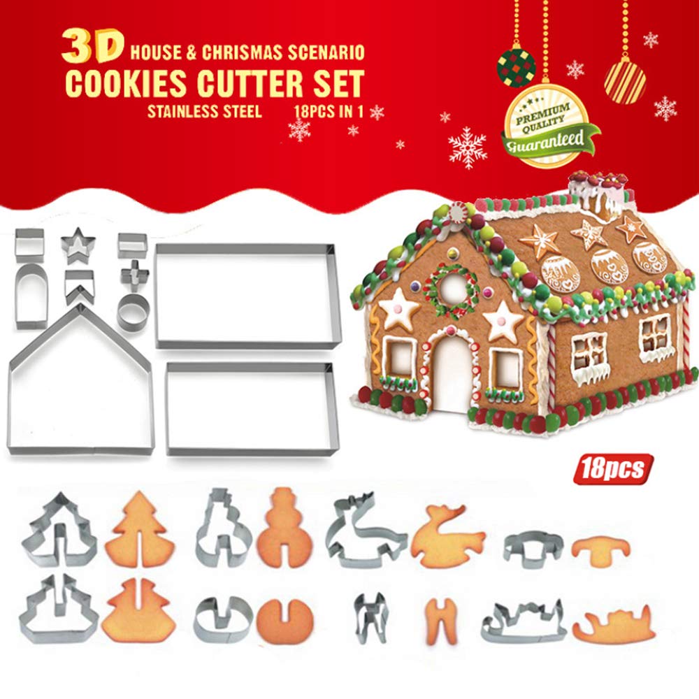 Beylos18 Pcs 3D Christmas Cake Gingerbread House Cookie Cutters Set(Stainless Steel), Biscuit Tool Baking Molds, Gingerbread House & Christmas Tree Snowman Sleigh Elk Shapes