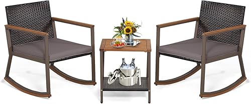 Tangkula Juego de 3 piezas mecedoras de bistró, silla mecedora para exteriores con mesa auxiliar y cojines, juego de muebles de ratán para patio,