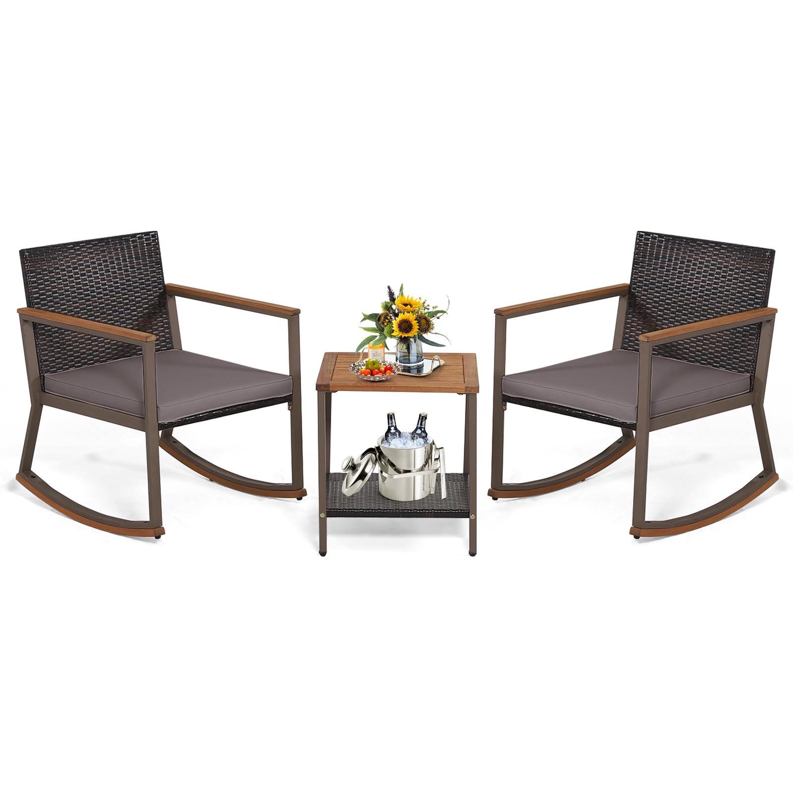 Tangkula 3 Pieces Rocking Bistro Set, Outdoor Rocker Chair with Coffee Table & Cushions, Patio Rattan Furniture Conversation Set for Balcony Porch Poolside (Gray)