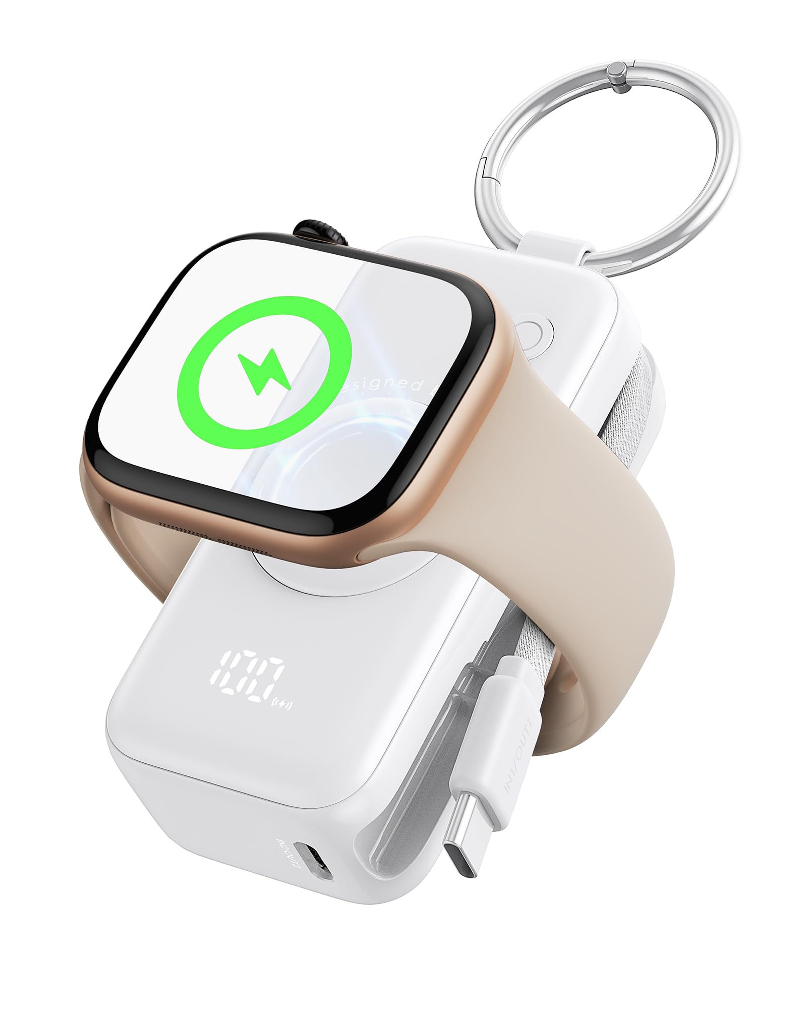 INIU Power Bank pour Apple Watch, Batterie Externe 5000 mAh avec câble intégré, Porte-clés de Voyage, écran LCD pour iWatch 10/9/8/Ultra2/Ultra/SE, iPhone 16/15, Blanc