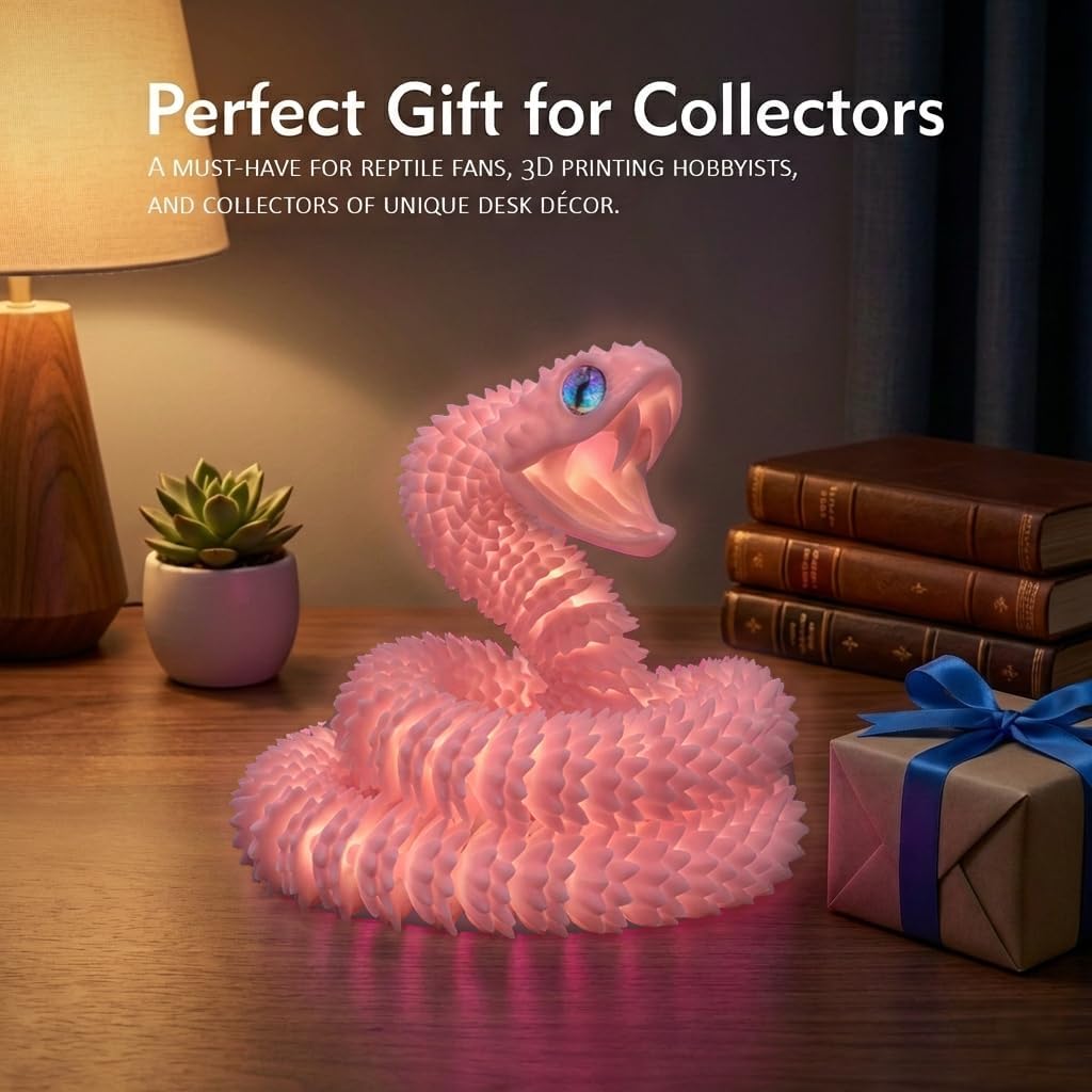 3D Printed Pink Viper Snake, 23" Glow in the Dark Articulated Snake Sculpture with Movable Jaw & Fangs, PLA Desk Decor for Display Shelves & Adult Collectors