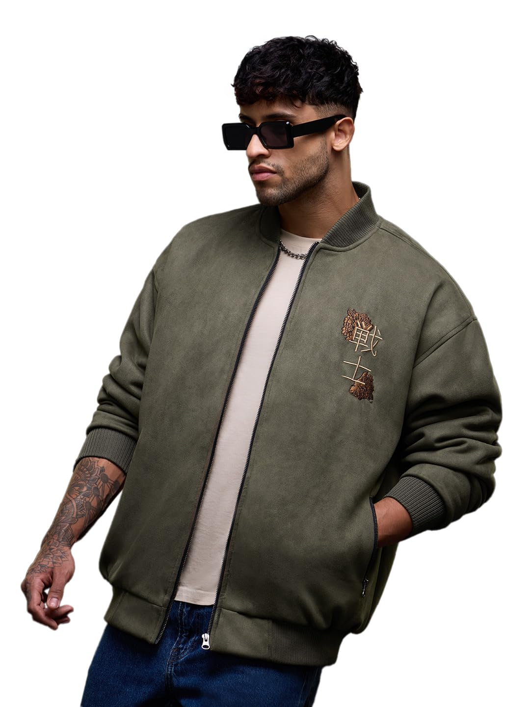 the souled store Dragon Men and Boys Full Sleeves Mock Collar Olive Green Embroidered Polyester Oversized Fit Lightweight Winter Streetwear Bomber Jacket-picture-49