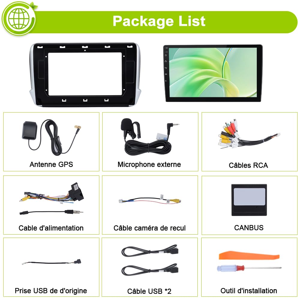 Autoradio Carplay pour Peugeot 208/2008 (2012-2018), Écran 10,1 Pouces 2Go+64Go, CarPlay & Android Auto,GPS WiFi Bluetooth FM, Commandes au Volant, Aide au Parking