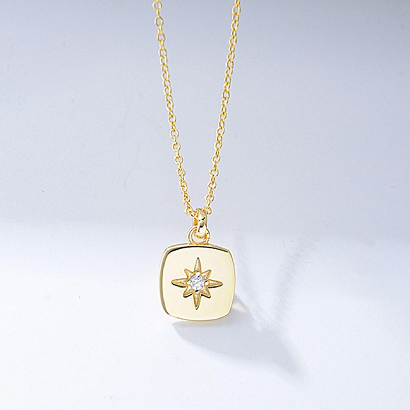 Collana Pendente Oro Giallo 9K / 14K / 18K Donna, Quadrato e Stella con Diamante, Collana Oro Donna