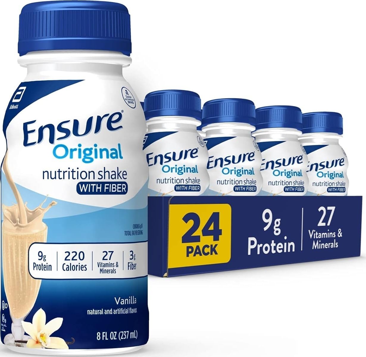 Ensure Shake nutricional com fibras e 9 g de proteína sabor baunilha, 24 garrafas