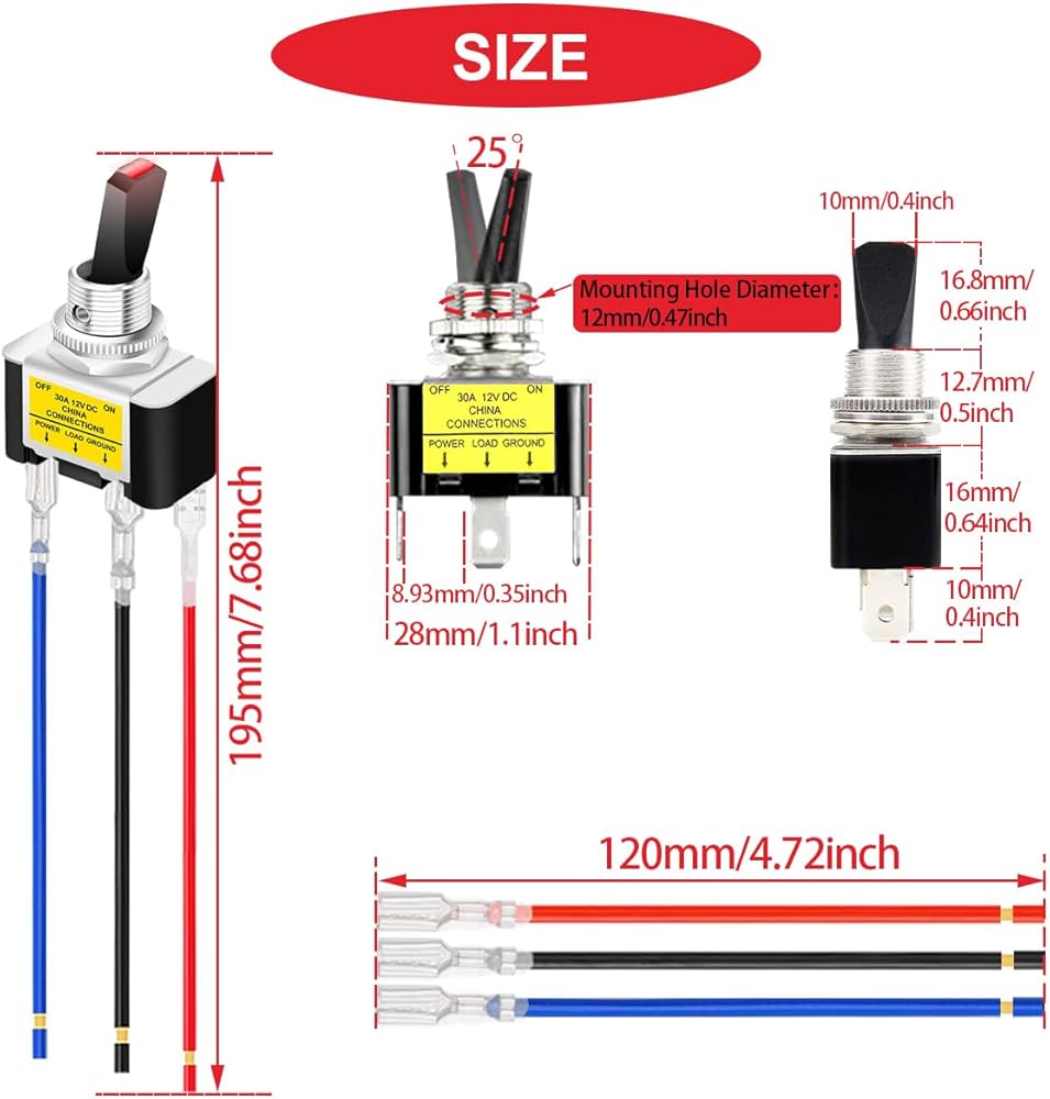 Amazon.co.jp: 12mmサイズ 配線済みトグルスイッチ ロッカーライト付き