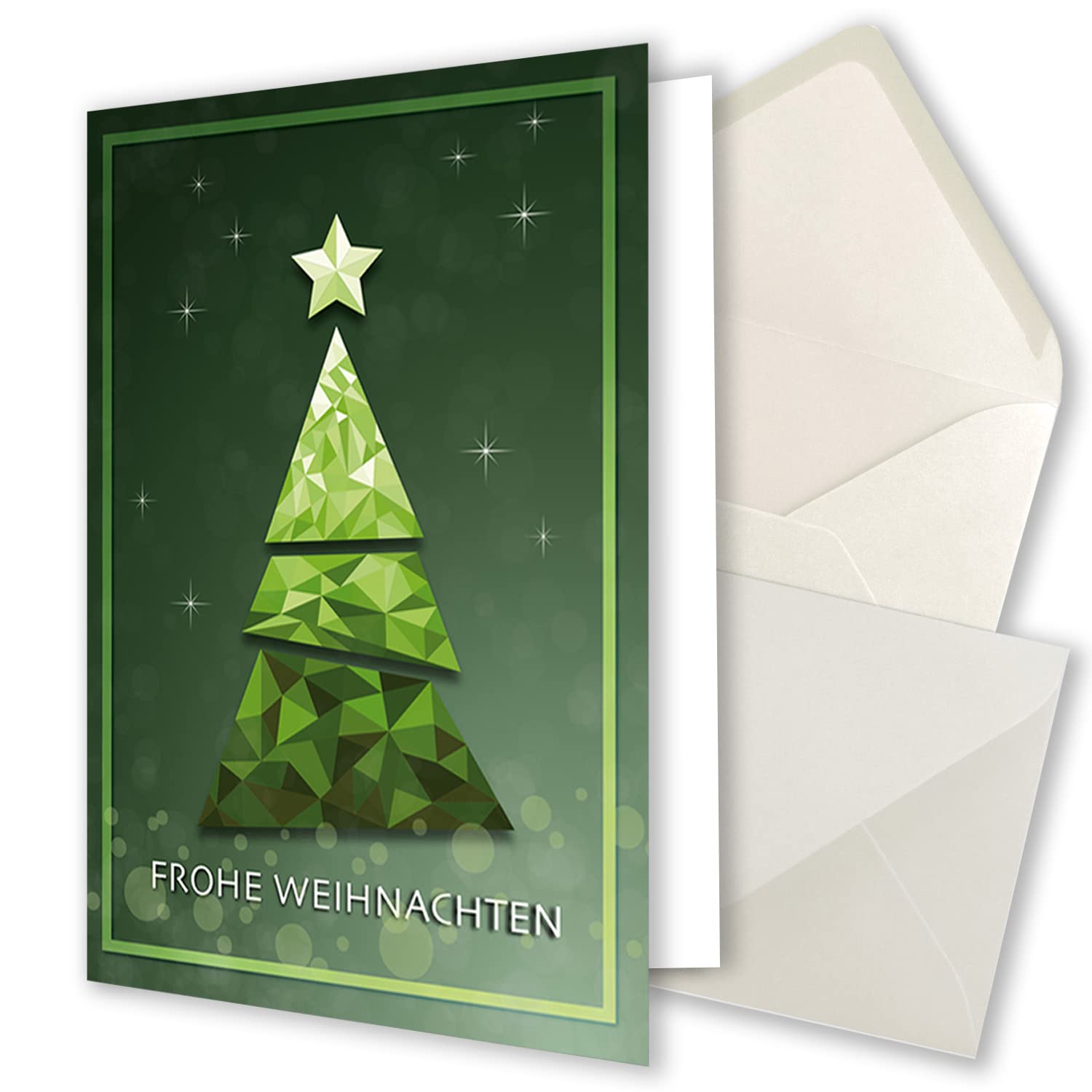 Juego de 200 tarjetas de Navidad pequeñas DIN A7 en verde con árbol de Navidad abstracto verde – Tarjetas plegables con sobres a juego DIN C7 blanco natural con adhesivo húmedo – para empresas y