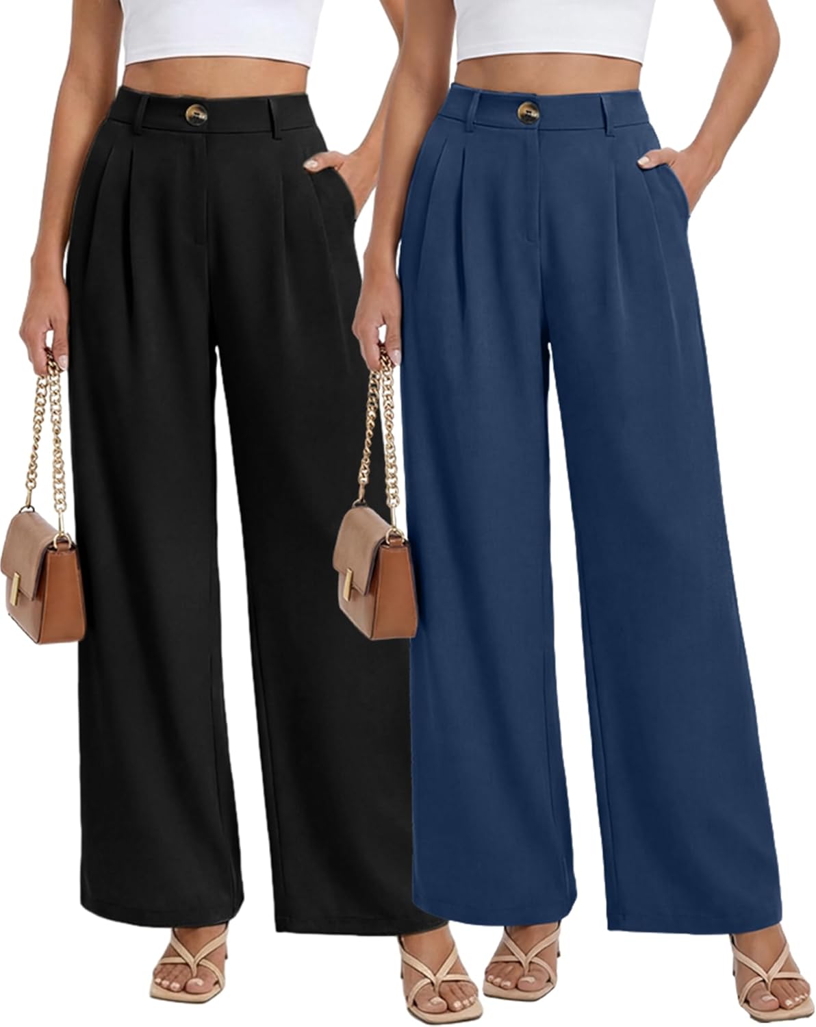 Coume 2 Pack Women Wide Leg Dress Pants High Waisted Business Casual Office Work Trousers Flowy Palazzo Pants with Pockets - Image 2