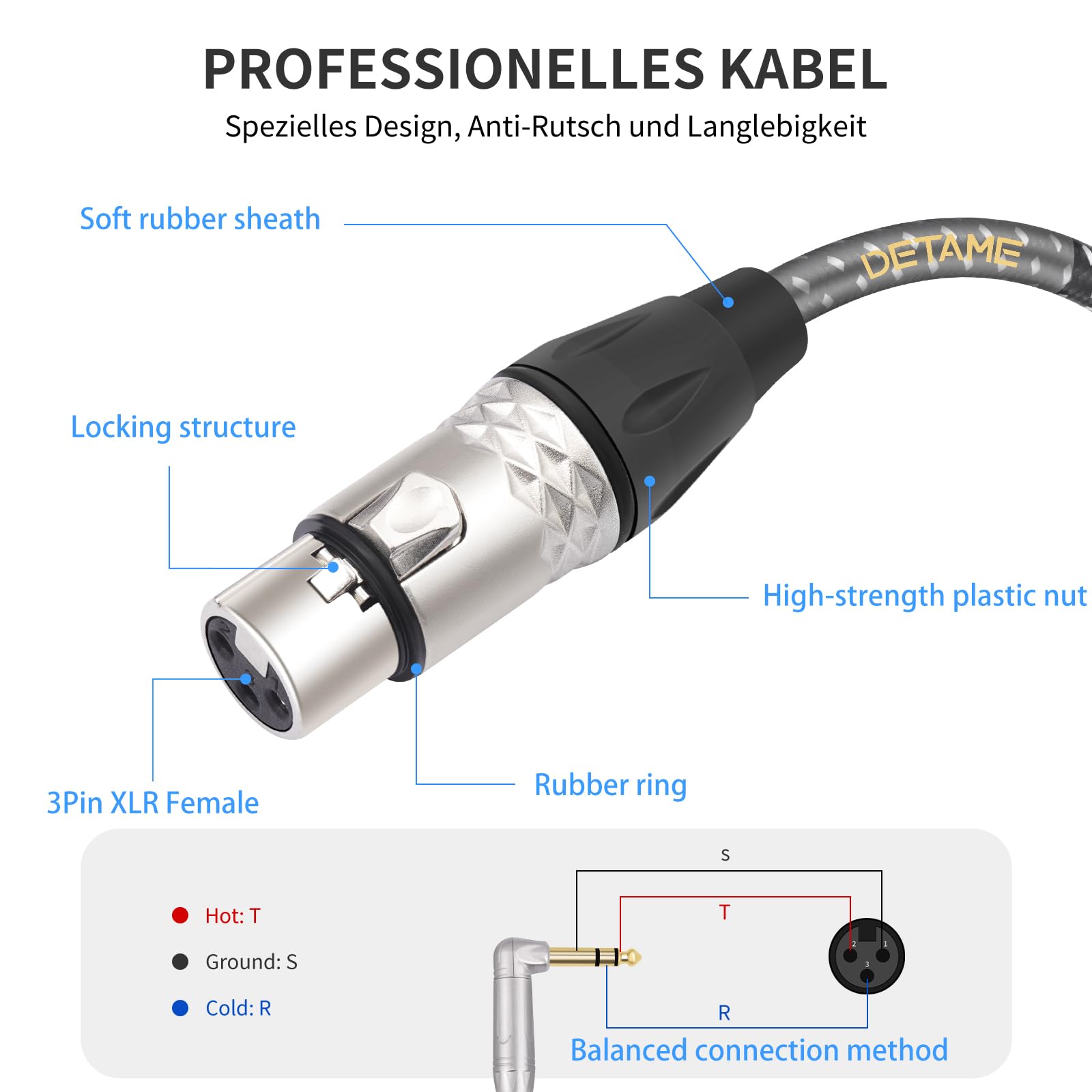 Cable mezclador XLR hembra a ángulo recto 1/4 TRS, ángulo recto de 6,35 mm a 3 pines XLR hembra para amplificador mezclador de micrófono