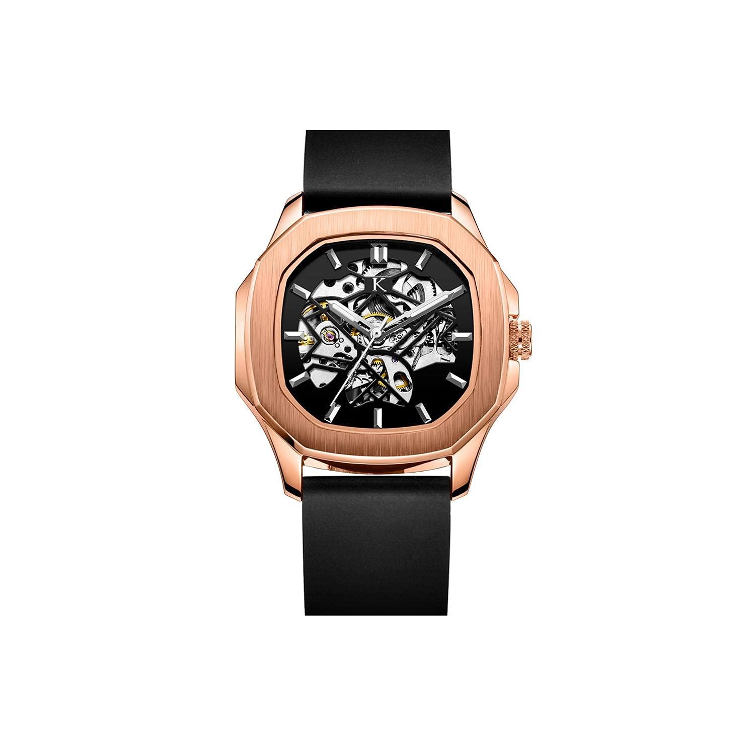 Kredo OTUS Rose Gold Mechanical Automatic Skeleton Analouge Self-Winding Water Resistant Stainless Steel Wrist Watch for Men-KW043 | Octagonal Dial Black Silicon Strap | Designed in Amsterdam (B08WJDZPY3) Amazon Price History, Amazon Price Tracker