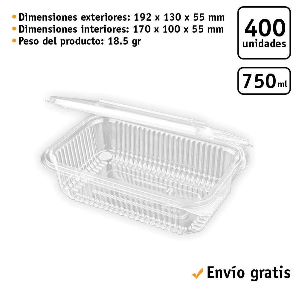 400 uds - Envase recipiente para comidas frías con tapa bisagra rectangular - Capacidad 750 ml - Polietileno (PET) transparente