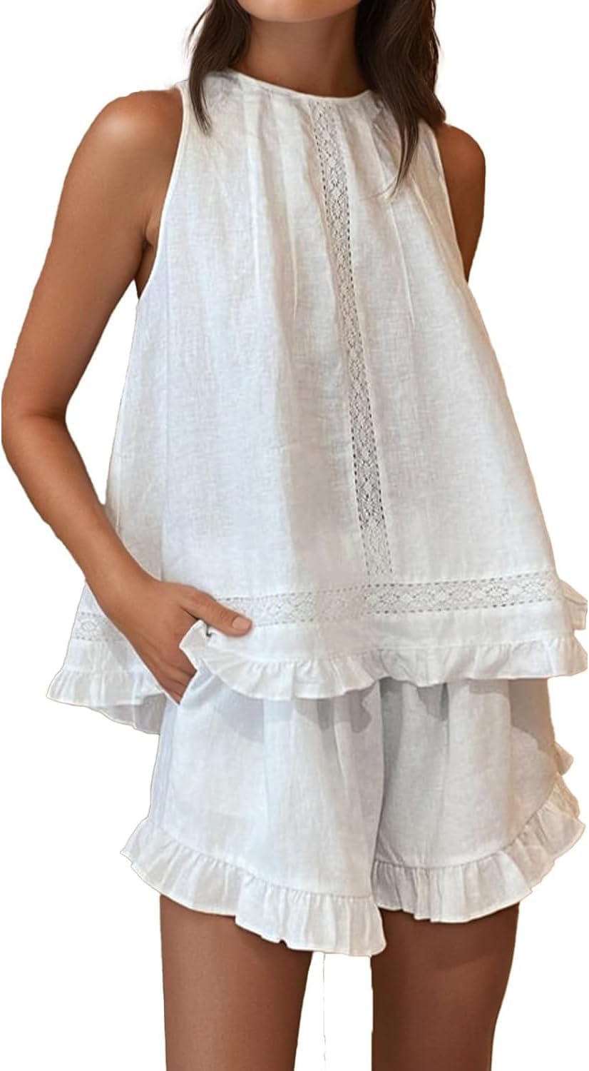 Mxiqqpltky Linen Pajamas Women Set Sleeveless Lace Trim Tank Top and Boxer Shorts Y2k Ruffle Matching Sets Lounge Beach Set