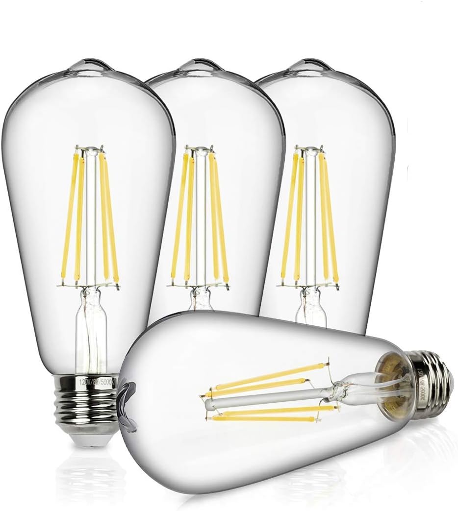 Vintage LED Edison Bulb, 8W Dimmable Filament Light Bulb, ST64 940 Lumen Daylight 5000K, 75W-100W Incandescent Equivalent,E26 Medium Base Squirrel Cage Antique Lamp, Pack of 4