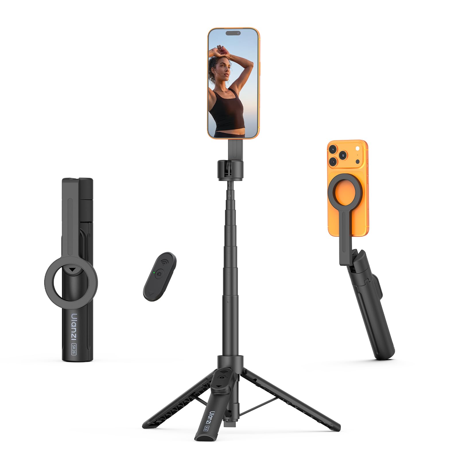 ULANZI SK26 Magnetic Phone Tripod 44.5‘’, 2-in-1 Selfie Stick Tripod Stand with Remote 33Ft, Portable Magnet Extendable Cell Phone Tripod Stand for Vlog/Travel/Video Recording/Streaming/Selfies-image-2