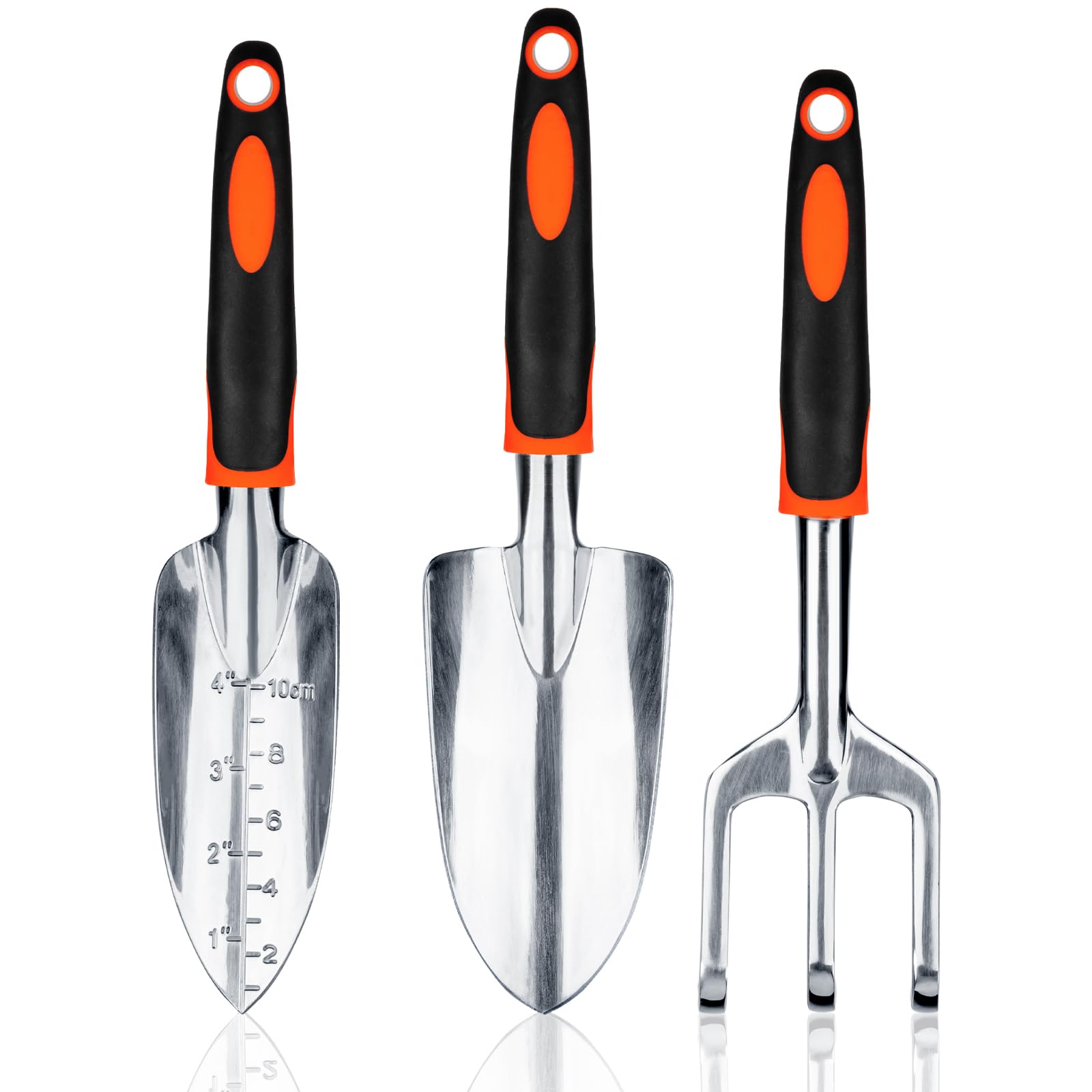 Bamworld Set di 3 Attrezzi da Giardino Resistente, Kit Giardinaggio in Lega di Alluminio con Impugnatura Ergonomica, Include Pala, Trapiantatore e Rastrello per Piantumazione e Prato, Arancione