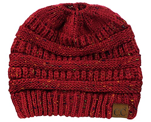 C.C BeanieTail Soft Stretch Cable Knit Messy High Bun Ponytail Beanie Hat, Confetti Burgundy