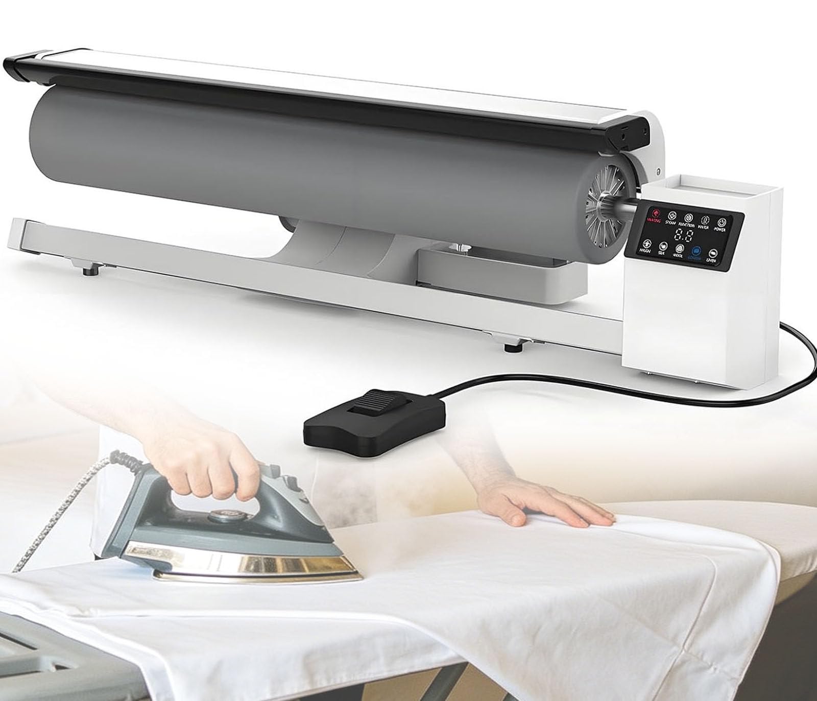 Drmoxin Steam Ironing Machine, Automatic Rotary Roller with Touchscreen and Pedal,with Touchscreen, Foot Pedal, 90cm Bidirectional Roller for Commercial Fabric Pressing