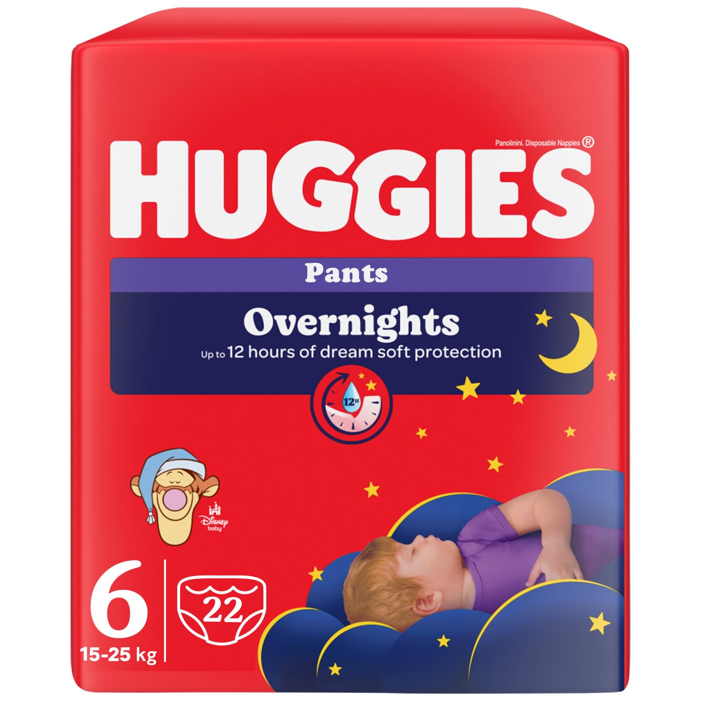 Huggies Overnight Couches Nuit Bébé Taille 6 (15-25 kg), Couches Absorbantes pour la Nuit, Design Disney, Lot de 22 culottes