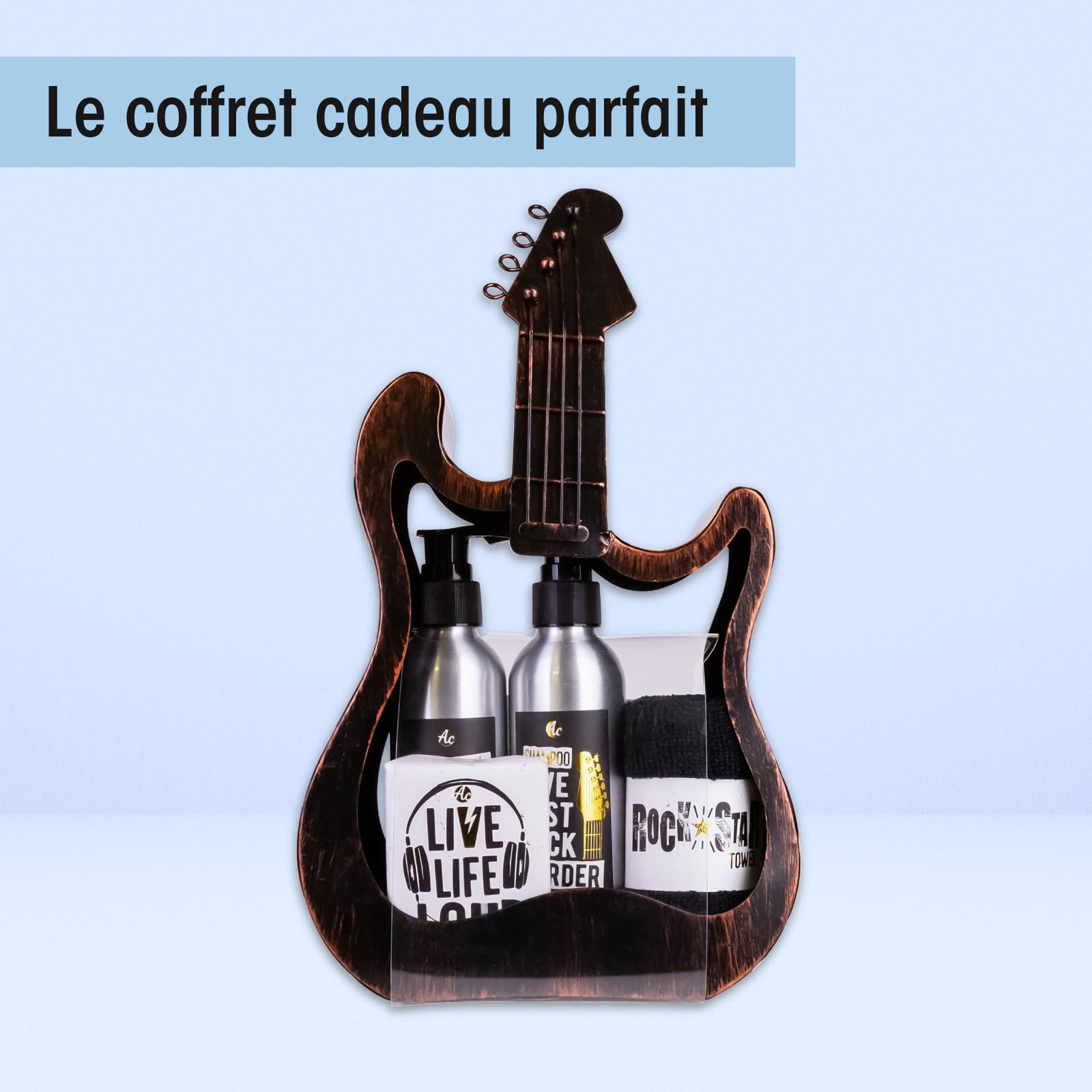 Accentra coffret cadeau homme, set soin corps guitare métallique, gel douche, lotion corps, savon, serviette, parfum bois de santal, idée cadeau originale pour anniversaire, amateurs de musique