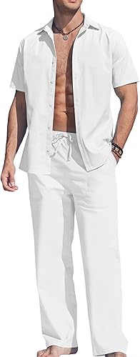 COOFANDY Men's Linen Set Beach 2 Pieces Casual Outfits Button Up Shirts Drawstring Pants