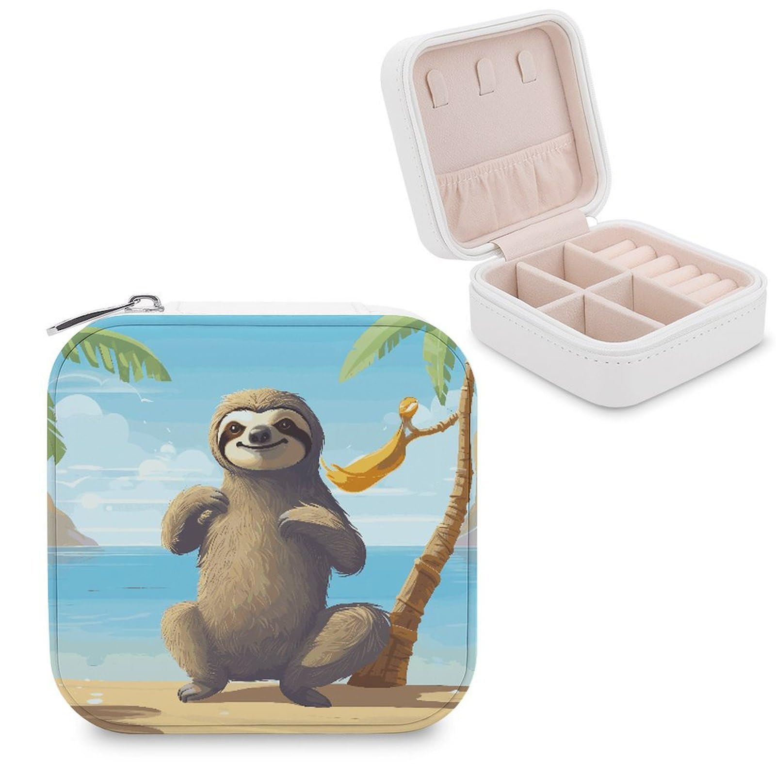 FekiLoot Sloth on Beach Jewelry Box Exquisite Jewelry Organizer Silver Gold Trinket Storage Case Multi Compartments Cute Earrings Ring Necklace Holder For Woman Household Gift
