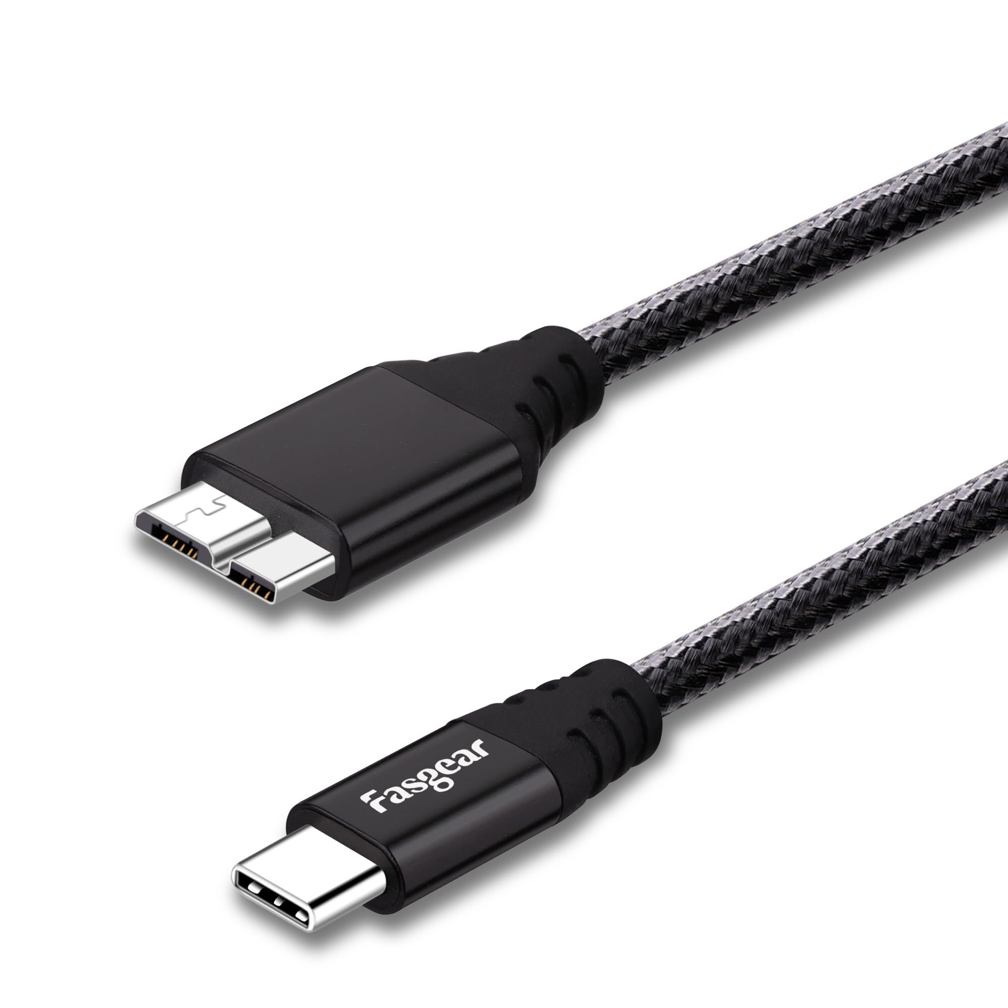 Fasgear USB C to Micro B Cable [1ft] Nylon Braided Metal Connector Type C to Micro 3.0 Cable Fast Charge 5Gbps Sync Compatible with Toshiba Canvio, Galaxy S5 Note 3 and More (1ft, Black)
