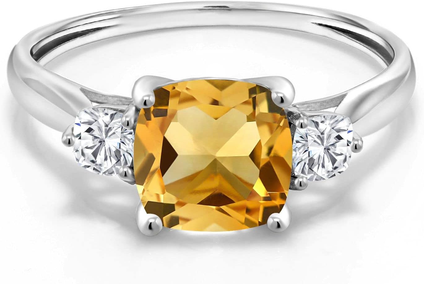 Gem Stone King 10K White Gold Yellow Citrine and White Moissanite 3 Stone Engagement Ring For Women | 1.66 Cttw, Cushion 7MM | 3 Stone Wedding Anniversary Promise Ring For Women