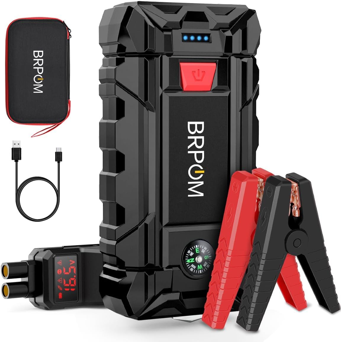 BRPOM Avviatore Batteria Auto, 4000A Avviatore di Emergenza per Auto/Moto, (Motori Fino a 8.0L Gas o 6.5L Diesel) Torcia a LED,Porta USB da per Smartphone