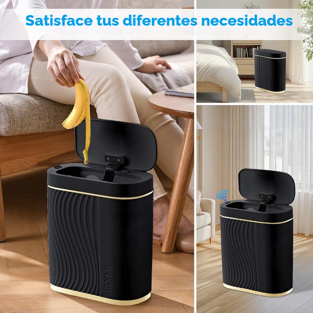 Cubo de basura con sensor de 8L para baño, cubo de basura automático con tapa, cubo de basura estrecho – adecuado para baño, cocina, salón, dormitorio (negro)