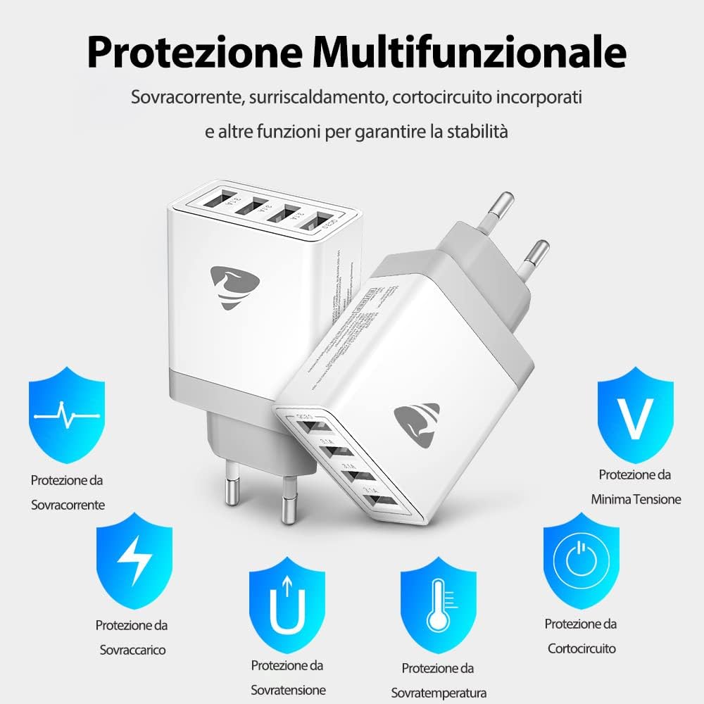 Caricatore USB, 4 Porte Caricatore USB da Muro 40W QC 3.0 Carica Rapida CaricabatterieUSB Multiplo Alimentatore PresaUSB per iPhone 15 14 13 12 11 X, Samsung Galaxy S21 S20 A71 A51, Xiaomi, Huawei
