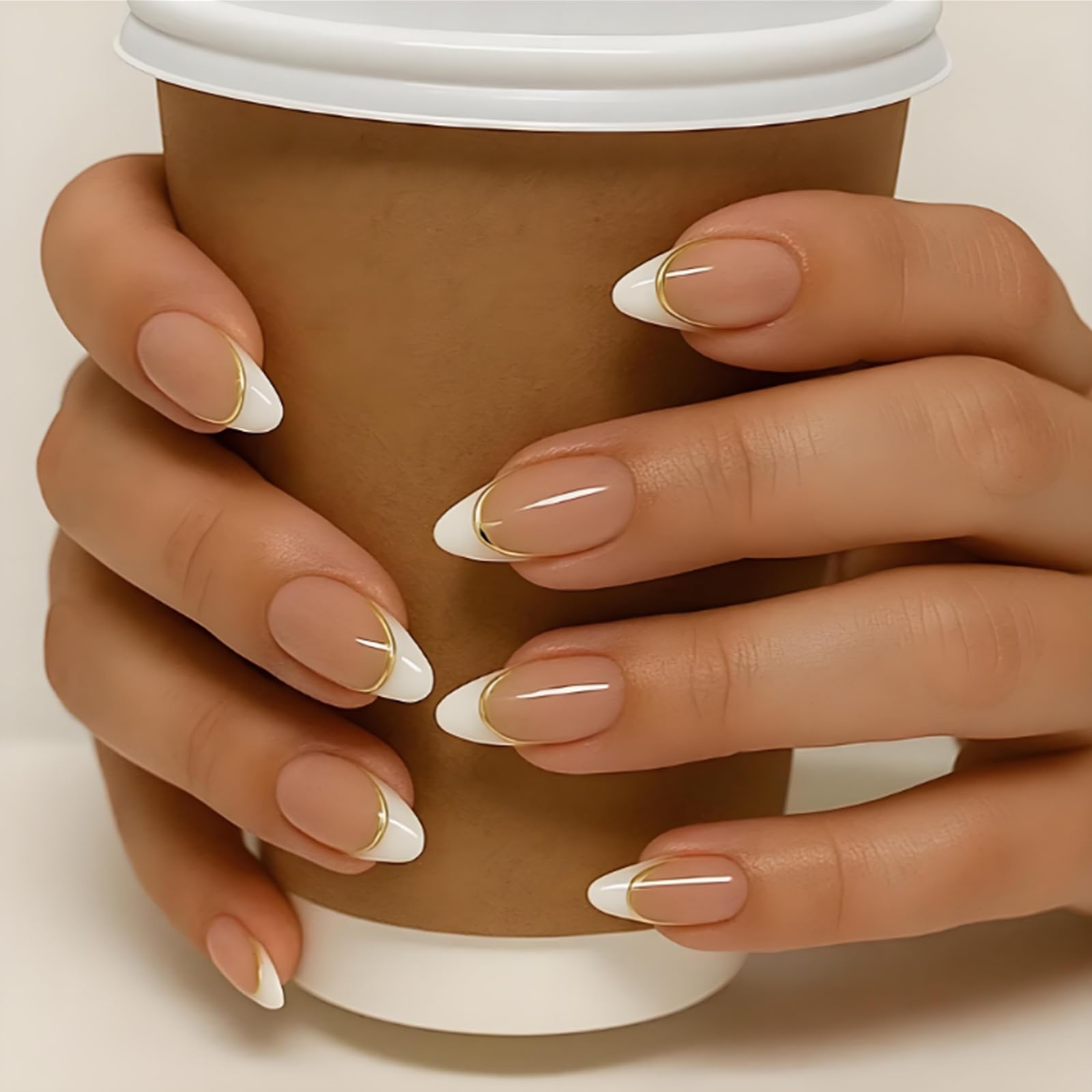 Almond French Tip Press On Nails With Gold Stripe