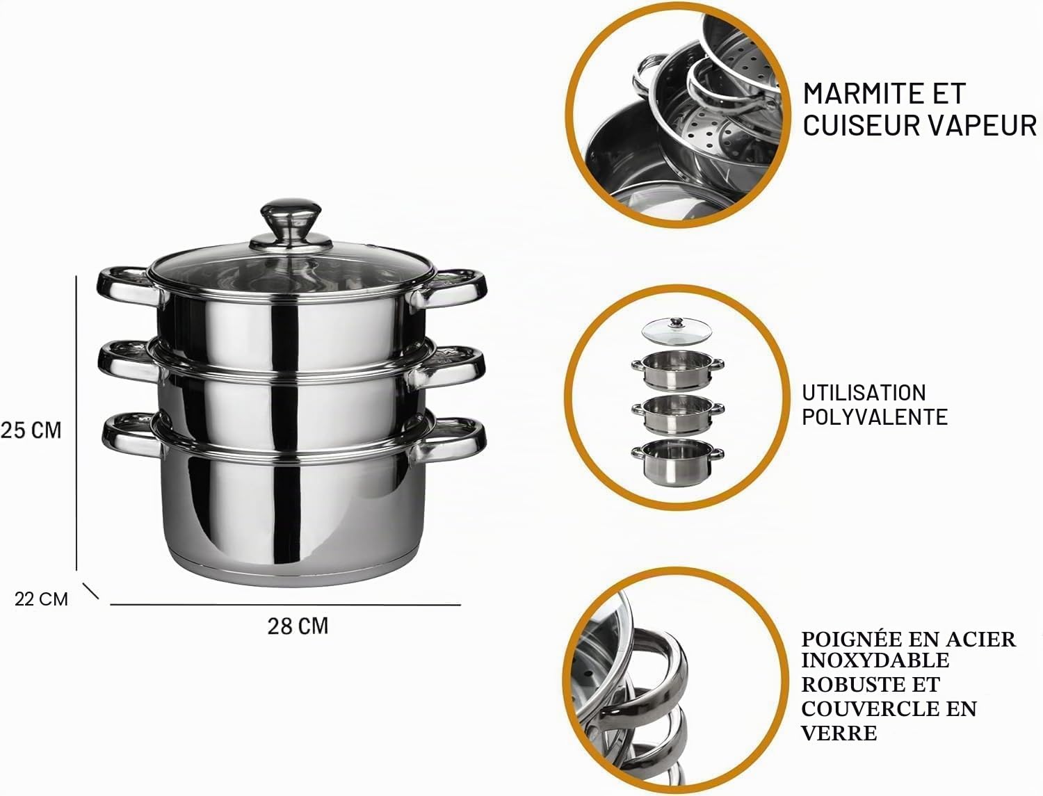 Royal Swiss Combiné Vapeur 3 Corps en acier inoxydable - Poignées Fixes - Cuisson saine et respectueuse des vitamines - Pour induction, gaz et électrique - Couvercle en verre avec sortie vapeur (28cm)
