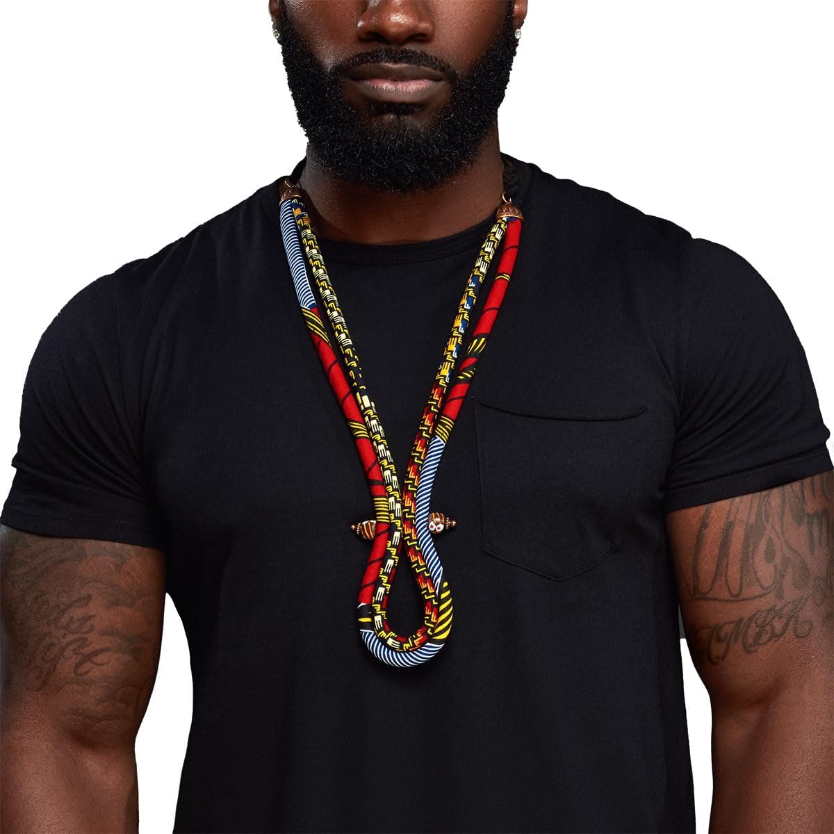 Cloth & Cord Mens African Ketepa Corded Necklace | Men's Multi-colored Tribal Jewelry | 21in Red Copper & African Glass & Wood Beads | Men's Afrocentric Fabric & Cord Necklace